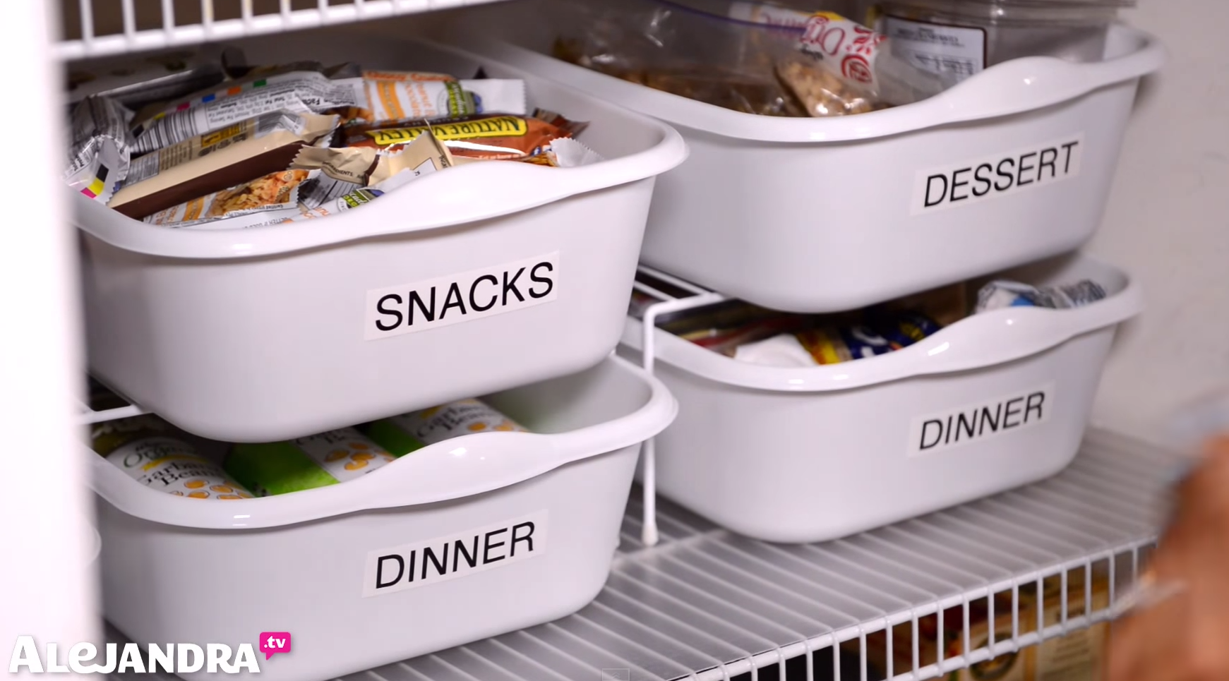 Cheap Pantry Organizing Tip: Use Dollar Store Dishpans to Organize Snack & Dinner Foods in the Pantry #AlejandraTV