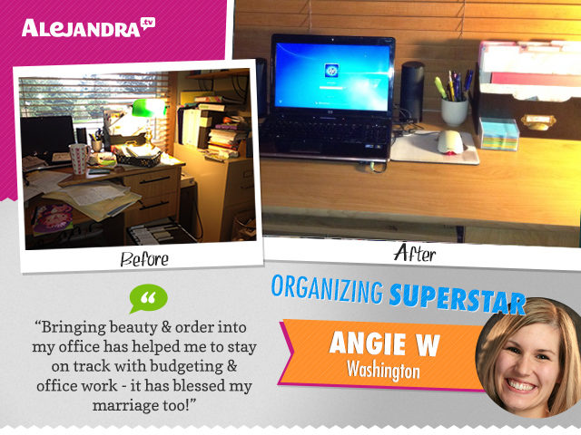 Can your desk affect your love life? Power Productivity Program Superstar Angie would say so:  This amazing office transformation of hers is not only helping her better track finances, but she says it’s helped her marriage, too!  What an inspirational reminder, that the calm we create in one space carries over into other areas of our lives!