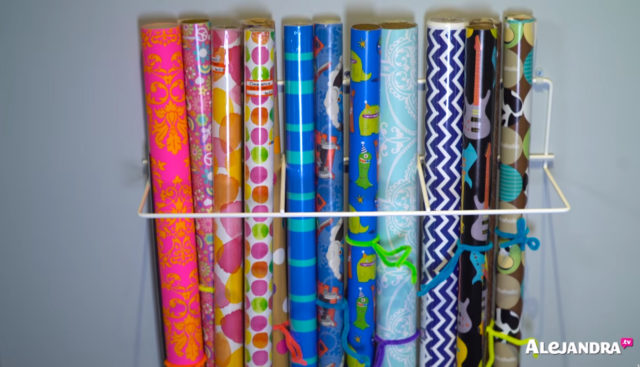 Organizing Gift Wrapping Paper with a Wall Mounted Organizer